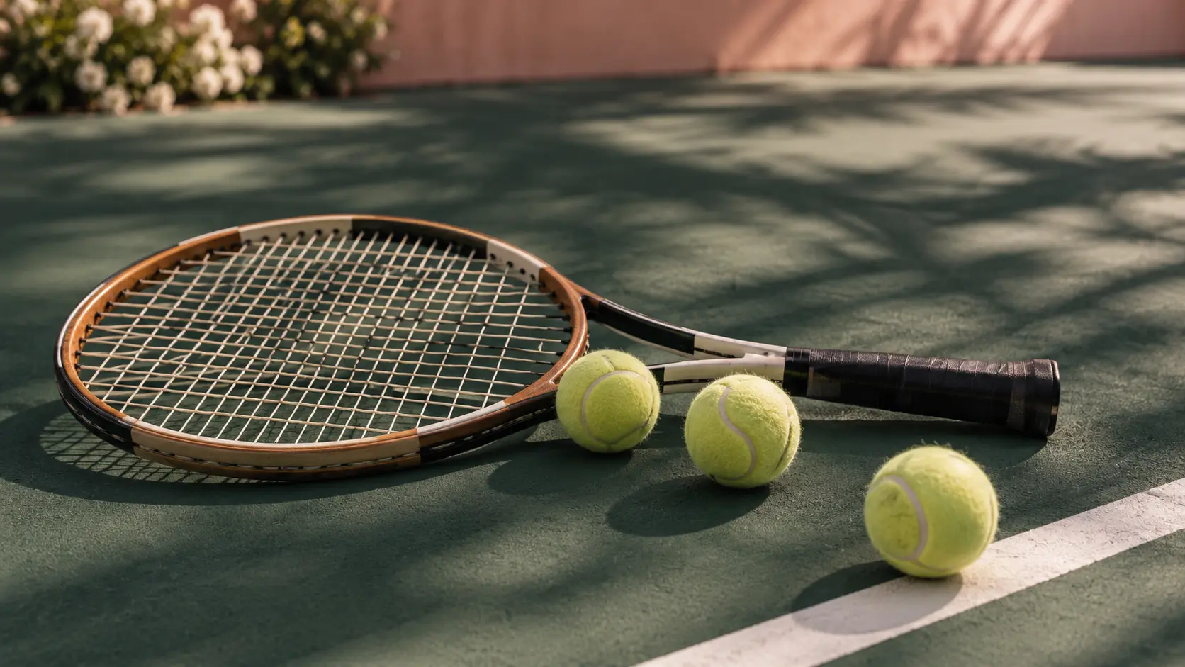 Tennis racket and tennis balls in elegant sunlight on the court