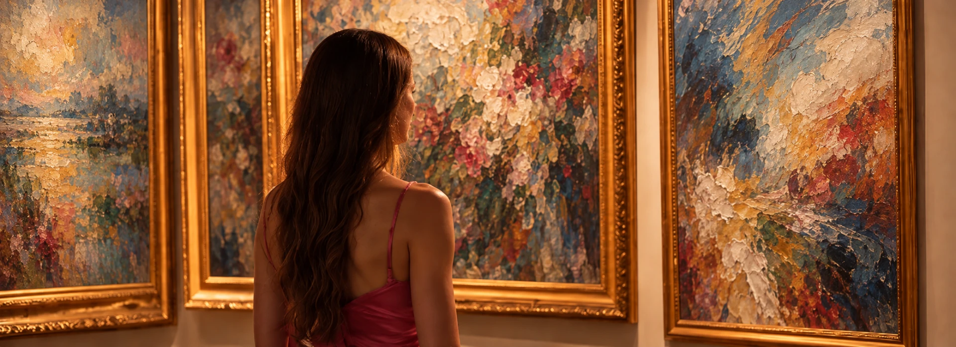 Woman viewing framed paintings in a warmly lit exhibition