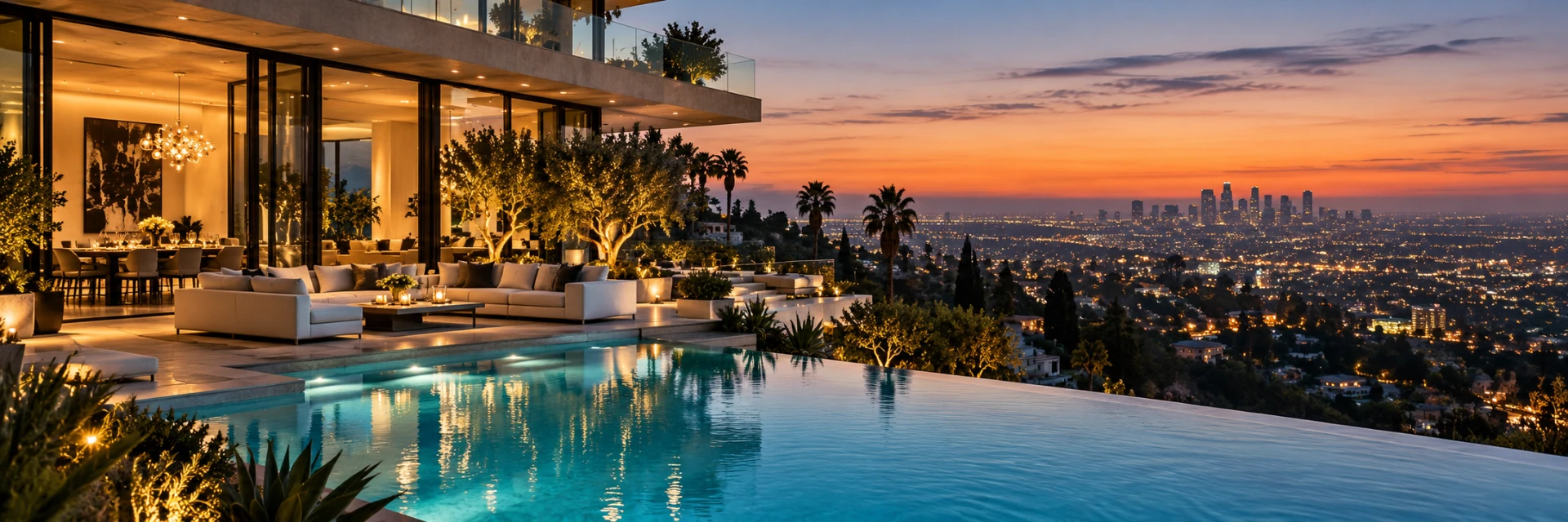 Conceptual architectural visual of a hillside Beverly Hills villa with an infinity pool and Los Angeles views at sunset